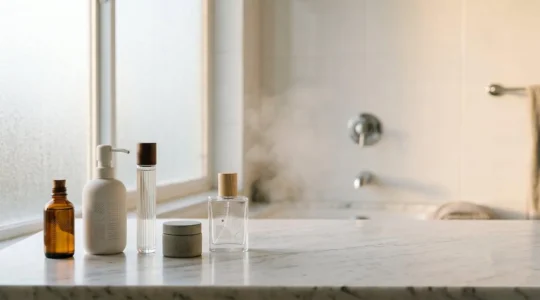 Homme réalisant sa routine de soin matinale dans une salle de bain moderne et épurée