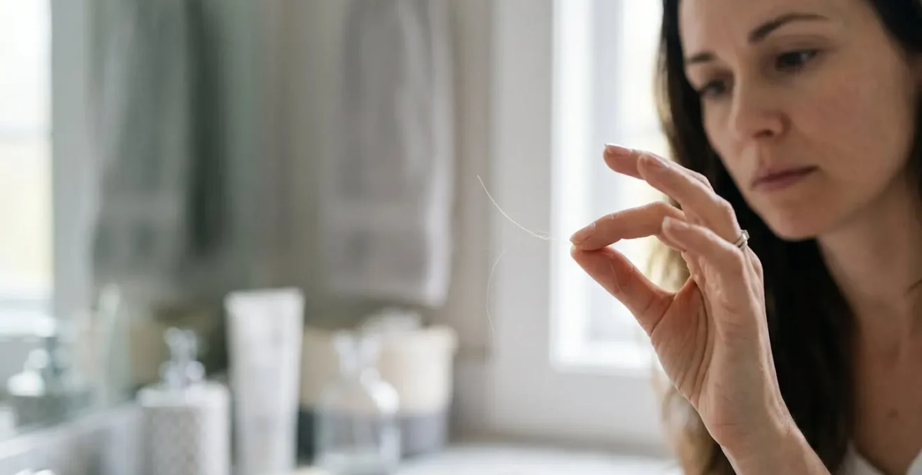 Gros plan sur une main tenant délicatement une mèche de cheveux fins entre les doigts, éclairage naturel doux révélant la texture et la finesse capillaire