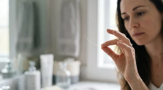 Gros plan sur une main tenant délicatement une mèche de cheveux fins entre les doigts, éclairage naturel doux révélant la texture et la finesse capillaire