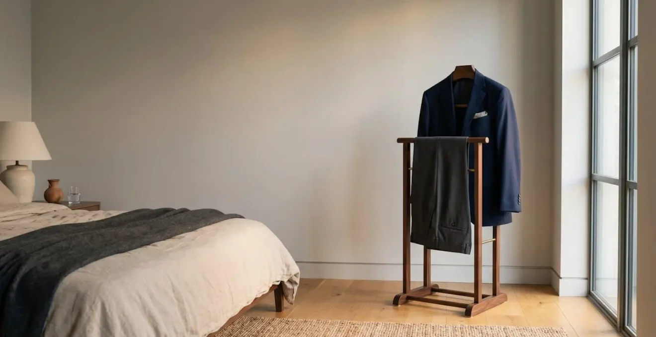 Valet de nuit élégant en bois foncé dans une chambre masculine contemporaine avec veste et pantalon parfaitement disposés