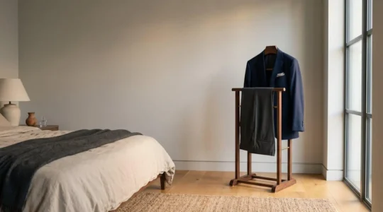 Valet de nuit élégant en bois foncé dans une chambre masculine contemporaine avec veste et pantalon parfaitement disposés