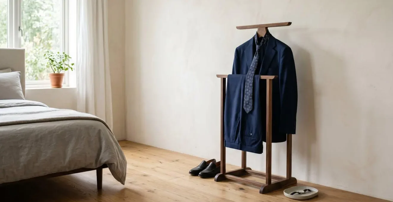 Valet de nuit élégant en bois dans une chambre masculine contemporaine avec costume et accessoires soigneusement disposés