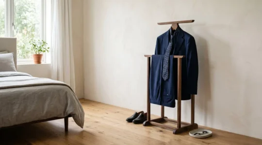 Valet de nuit élégant en bois dans une chambre masculine contemporaine avec costume et accessoires soigneusement disposés