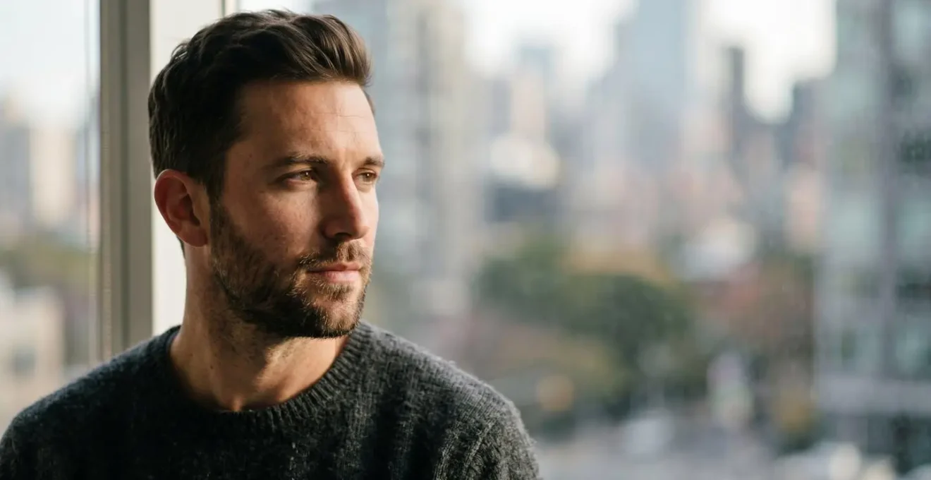 Gros plan d'un visage masculin en environnement urbain matinal avec lumière douce et arrière-plan flou évoquant la ville