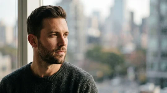 Gros plan d'un visage masculin en environnement urbain matinal avec lumière douce et arrière-plan flou évoquant la ville